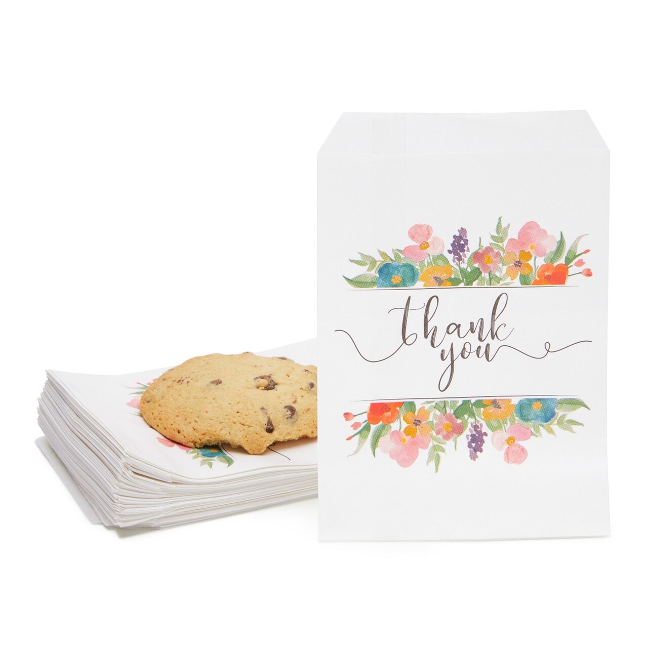 100 Pack Paper Cookie Bags, 7.5 x 5 Inch for Party Favors, Treats, Candy, Wedding, Individual Bag with Floral Thank You Design, Mini Gift Bags for Snacks, Goodies